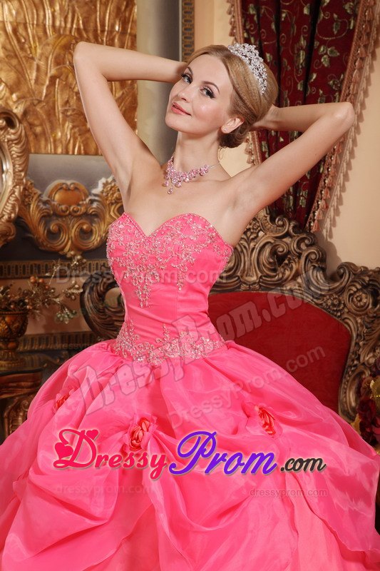 Coral Red Sweetheart Appliques Quinceanera Dress in Taffeta and Organza