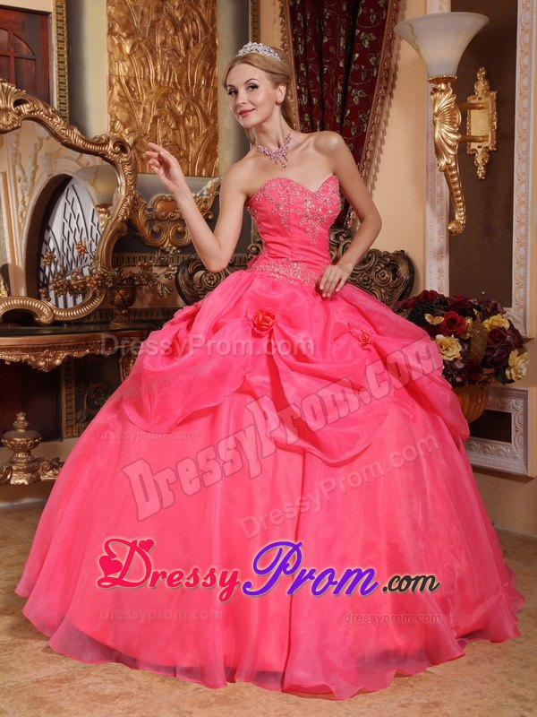 Coral Red Sweetheart Appliques Quinceanera Dress in Taffeta and Organza