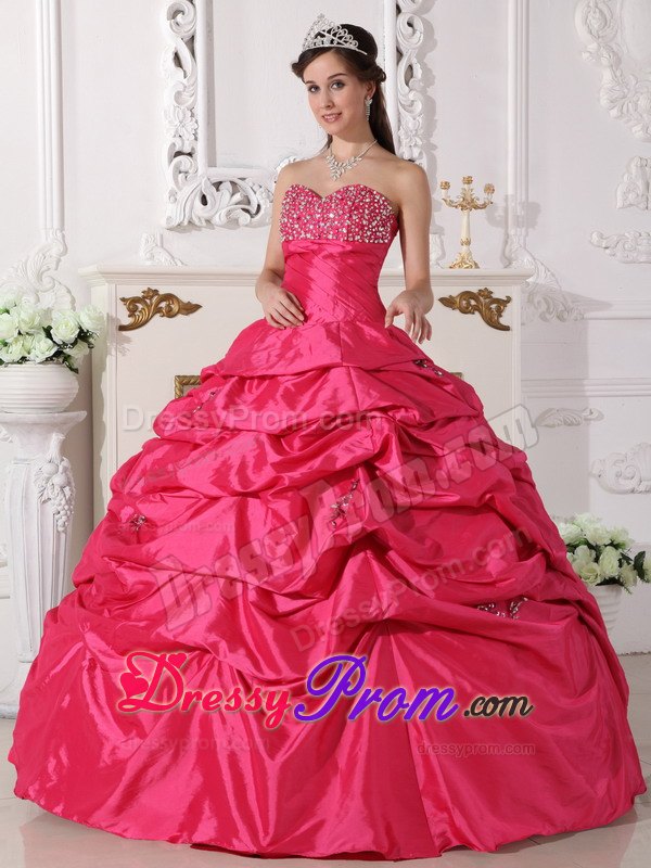 Beading Sweetheart Ball Gown Taffeta Quinceanera Dress in Coral Red