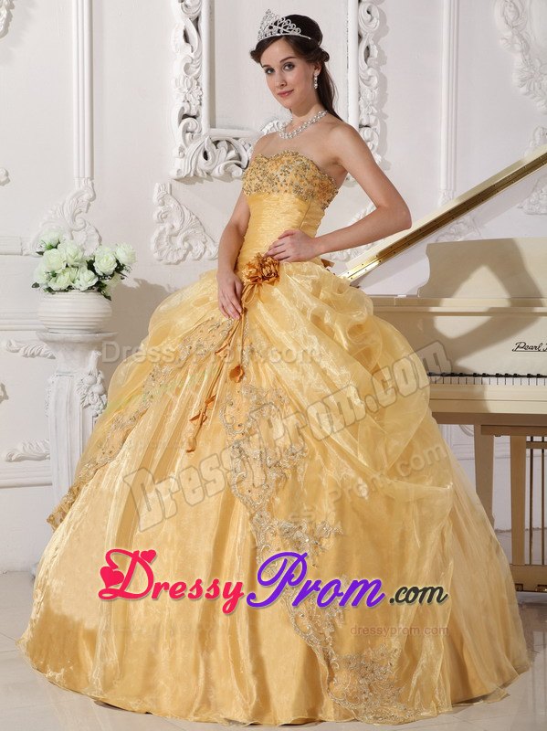 Gold Embroidery with Beading Strapless Organza Dresses For a Quinceanera