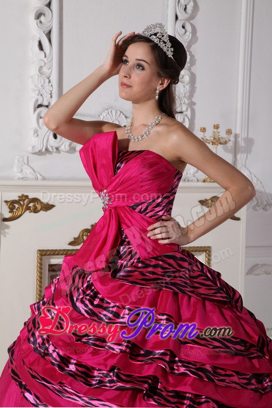Strapless Fuchsia Zebra Quinceanera Dresses with Beading and Bow