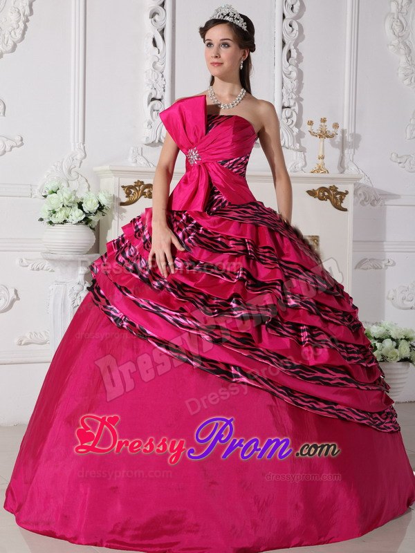 Strapless Fuchsia Zebra Quinceanera Dresses with Beading and Bow
