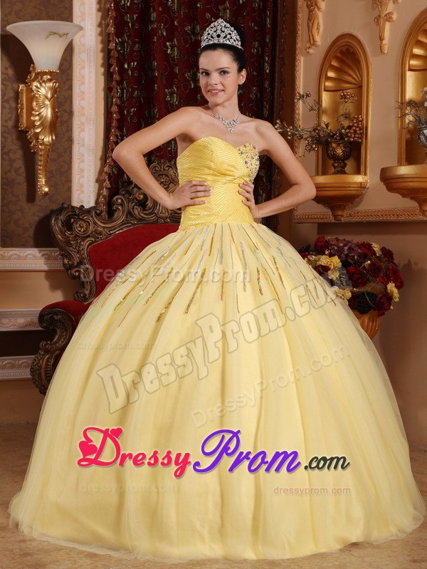 Sweetheart Floor-length Tulle Beading Light Yellow Sweet 16 Dresses