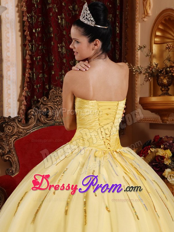Sweetheart Floor-length Tulle Beading Light Yellow Sweet 16 Dresses