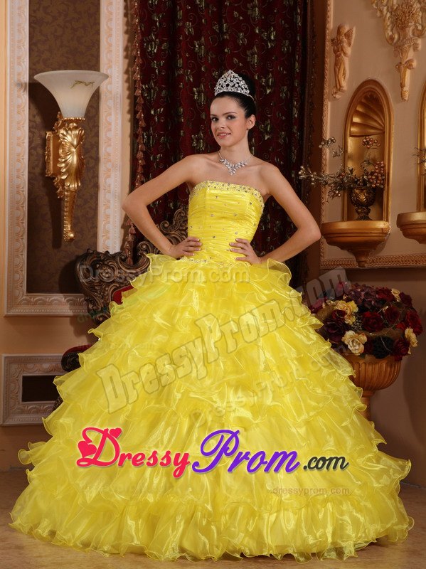 Beading Strapless Ball Gown Floor-length Quinceanera Dress in Yellow