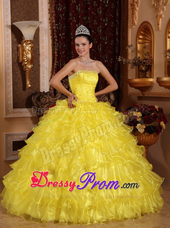 Beading Strapless Ball Gown Floor-length Quinceanera Dress in Yellow