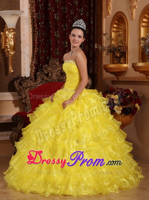 Beading Strapless Ball Gown Floor-length Quinceanera Dress in Yellow