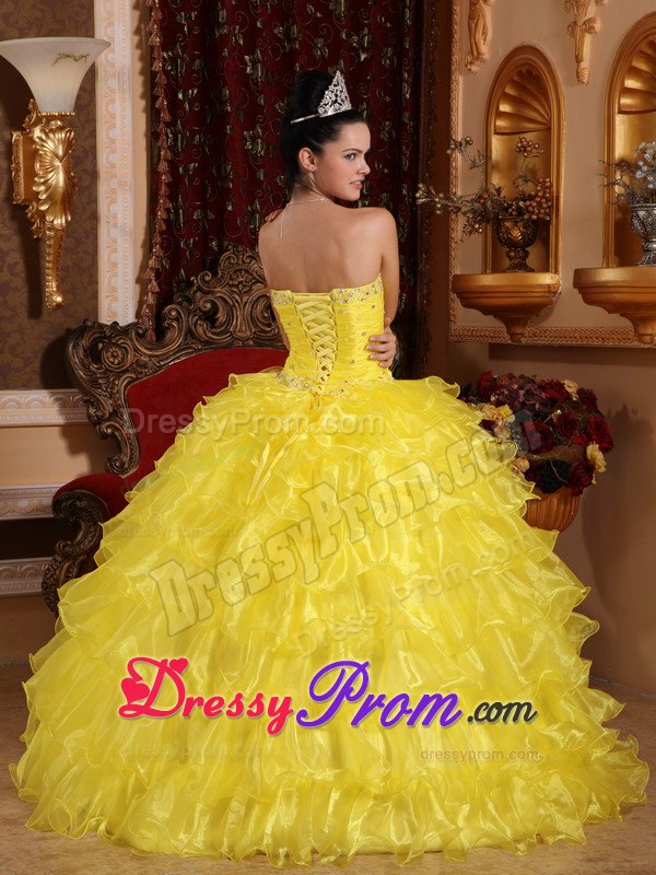 Beading Strapless Ball Gown Floor-length Quinceanera Dress in Yellow