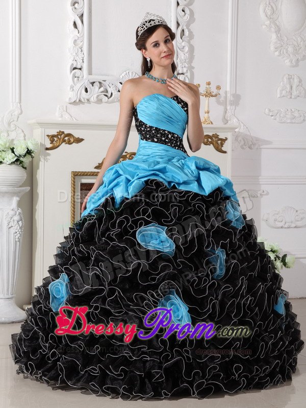 Sweetheart Beading and Rolling Flowers Quinceanera Dress in Blue and Black