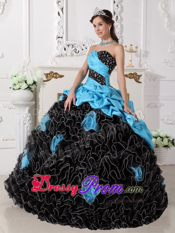 Sweetheart Beading and Rolling Flowers Quinceanera Dress in Blue and Black