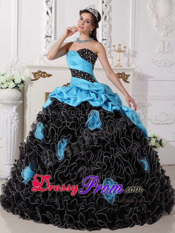 Sweetheart Beading and Rolling Flowers Quinceanera Dress in Blue and Black