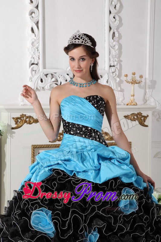 Sweetheart Beading and Rolling Flowers Quinceanera Dress in Blue and Black