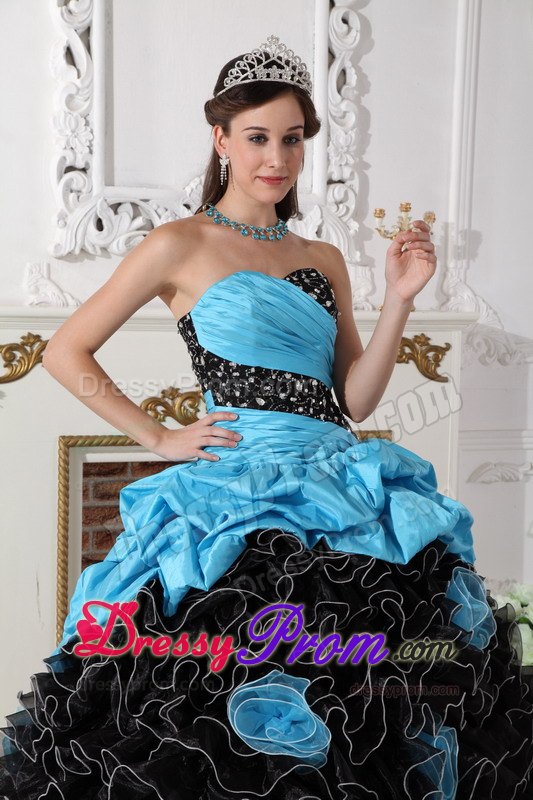 Sweetheart Beading and Rolling Flowers Quinceanera Dress in Blue and Black