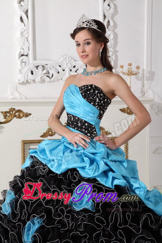 Sweetheart Beading and Rolling Flowers Quinceanera Dress in Blue and Black