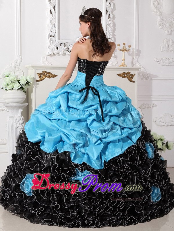 Sweetheart Beading and Rolling Flowers Quinceanera Dress in Blue and Black