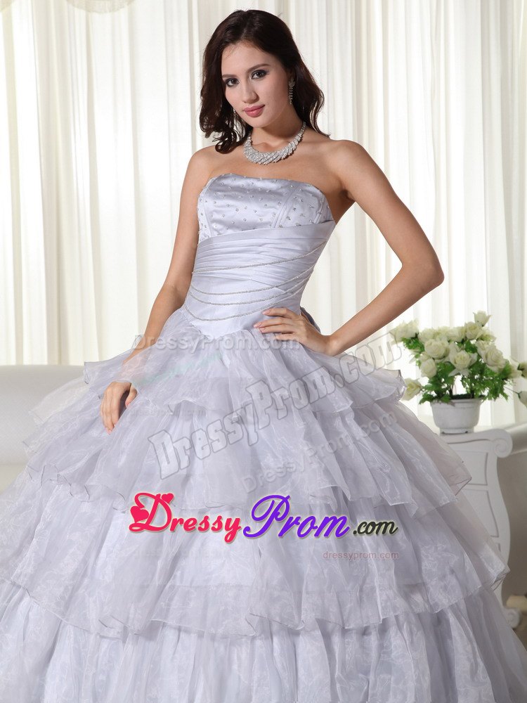Beading Strapless Floor-length Organza Gray Quinceanera Gown Dresses