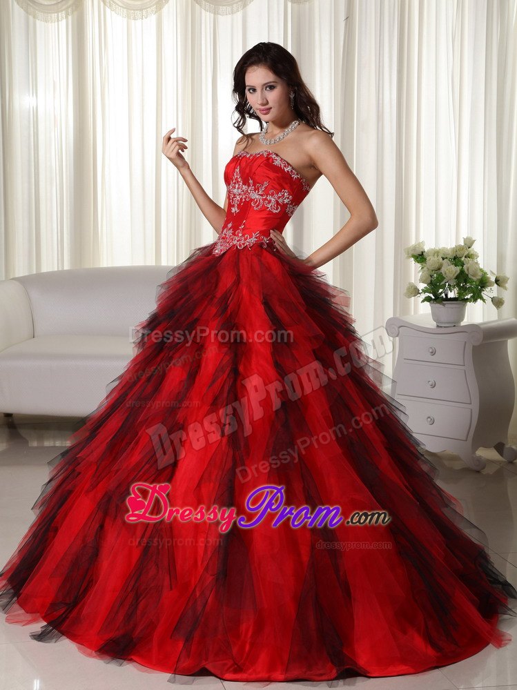 Strapless Floor-length Red Ball Gown Taffeta Appliques Quinceanera Dress