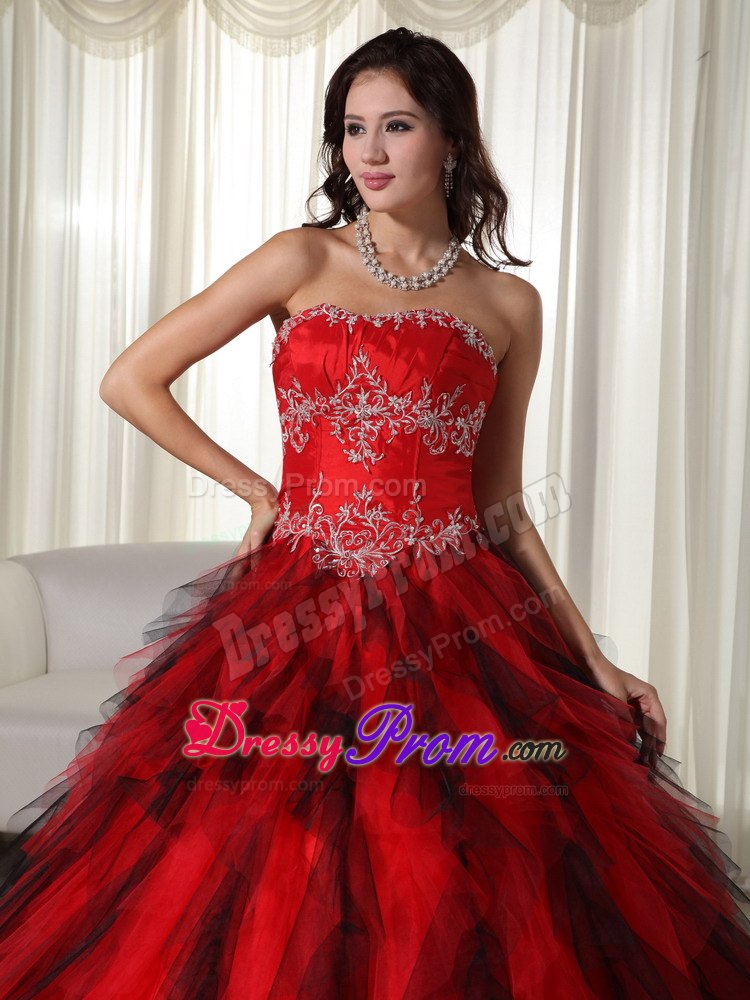 Strapless Floor-length Red Ball Gown Taffeta Appliques Quinceanera Dress