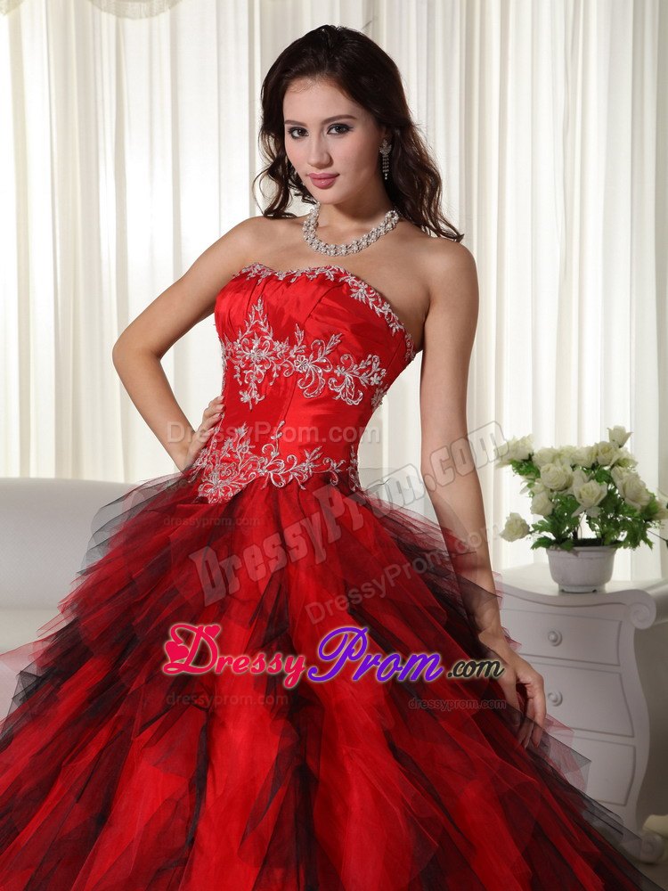 Strapless Floor-length Red Ball Gown Taffeta Appliques Quinceanera Dress