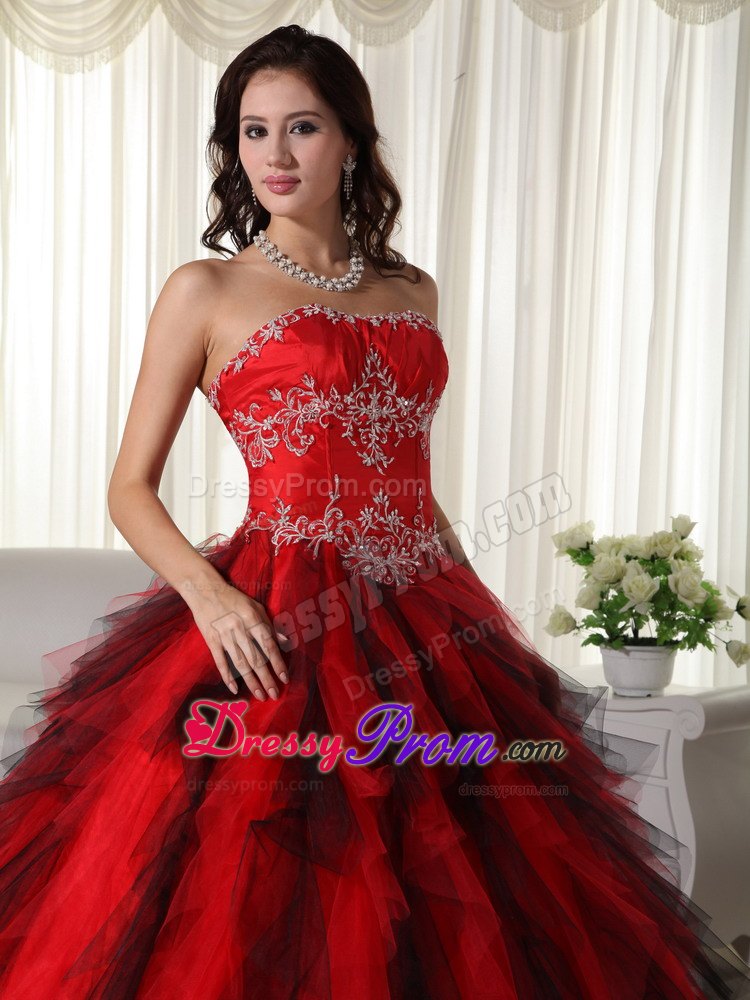 Strapless Floor-length Red Ball Gown Taffeta Appliques Quinceanera Dress