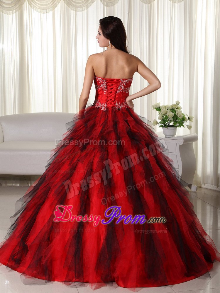 Strapless Floor-length Red Ball Gown Taffeta Appliques Quinceanera Dress