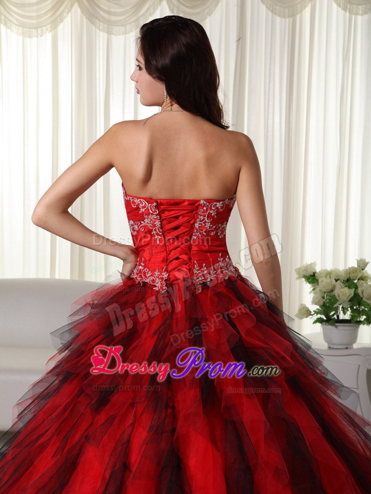 Strapless Floor-length Red Ball Gown Taffeta Appliques Quinceanera Dress