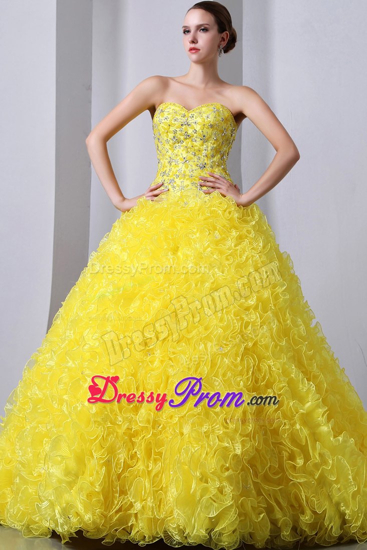 Sweetheart Brush Train Beading and Ruffles Quinceanea Dress in Yellow