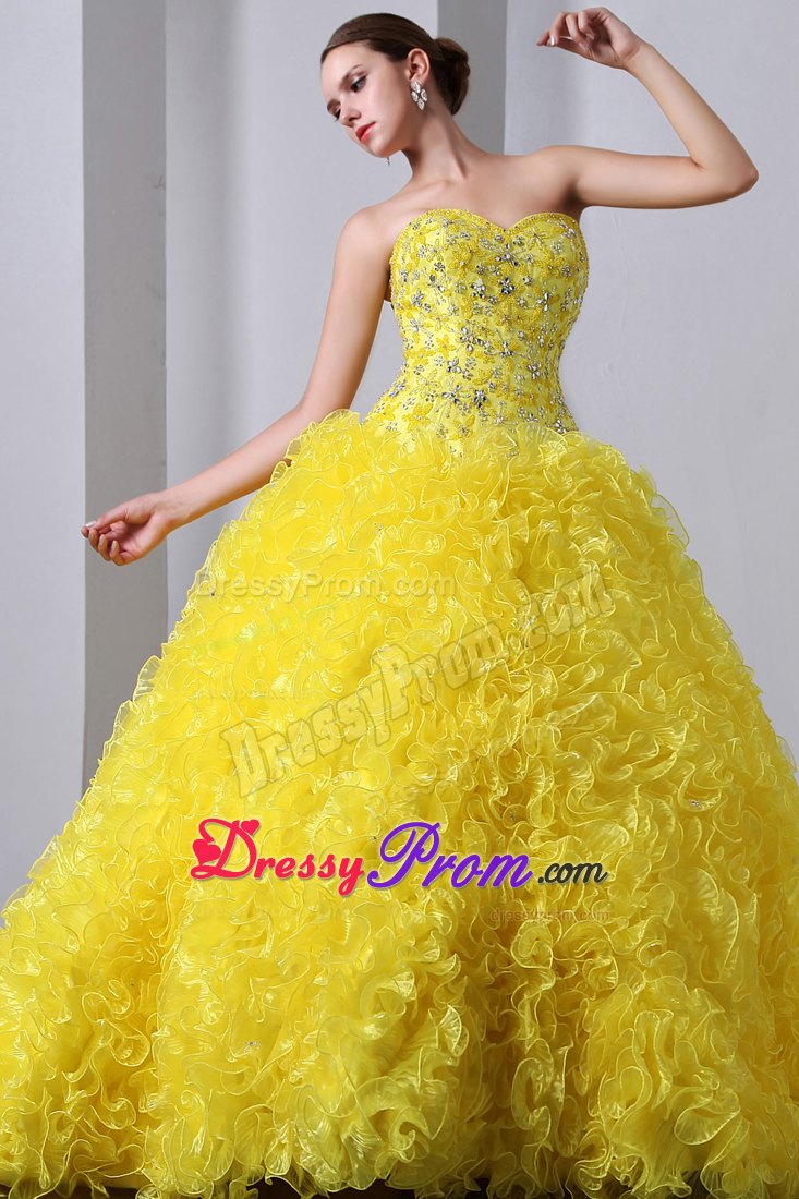 Sweetheart Brush Train Beading and Ruffles Quinceanea Dress in Yellow
