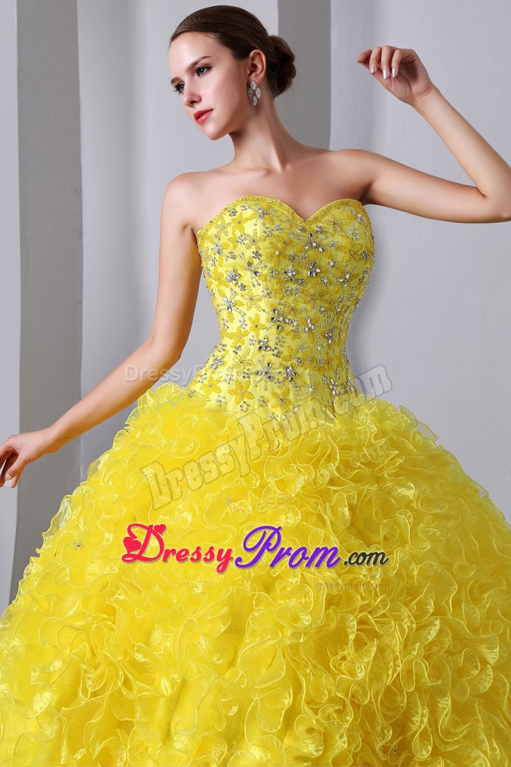 Sweetheart Brush Train Beading and Ruffles Quinceanea Dress in Yellow