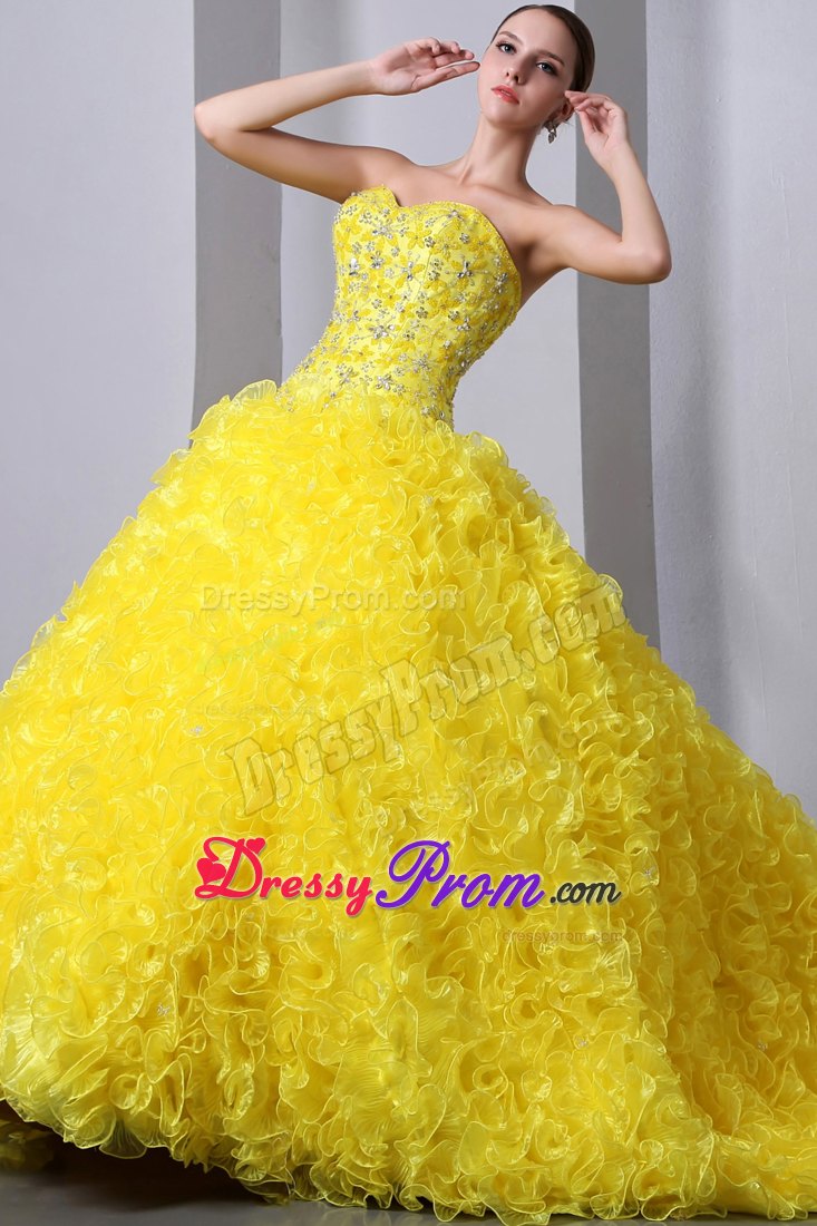 Sweetheart Brush Train Beading and Ruffles Quinceanea Dress in Yellow