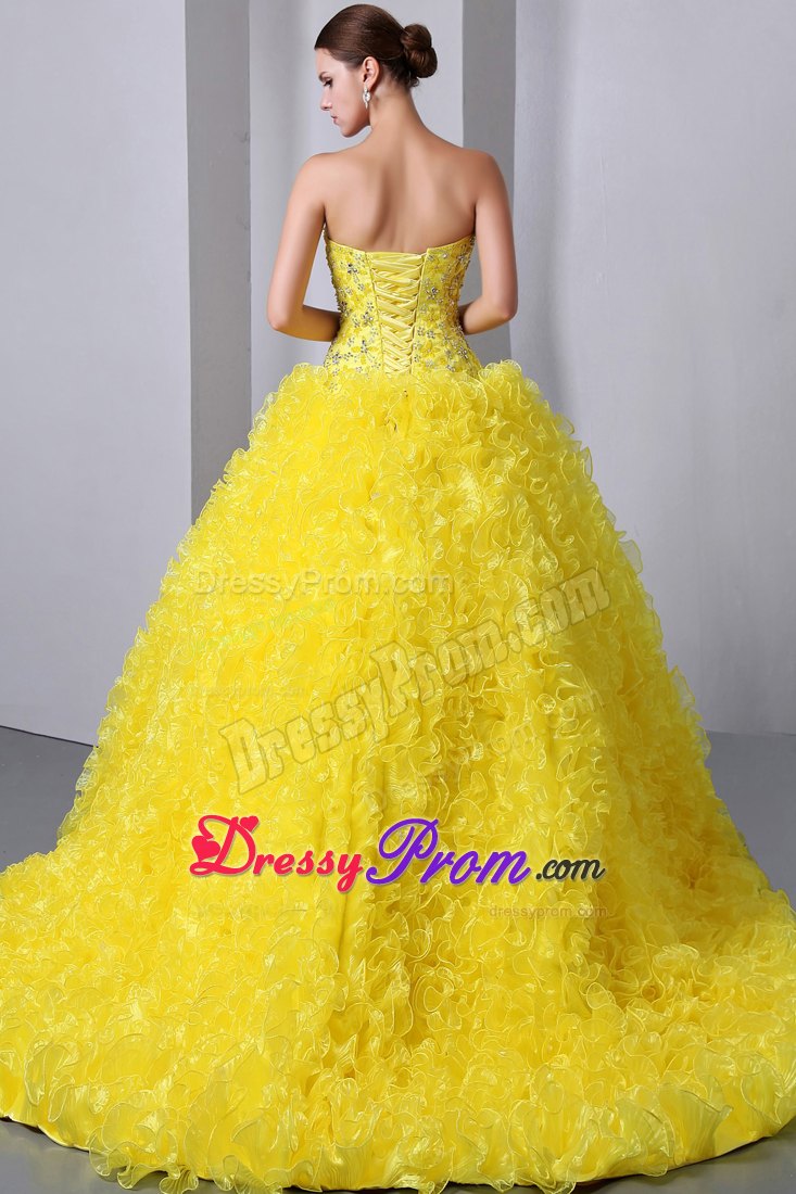 Sweetheart Brush Train Beading and Ruffles Quinceanea Dress in Yellow