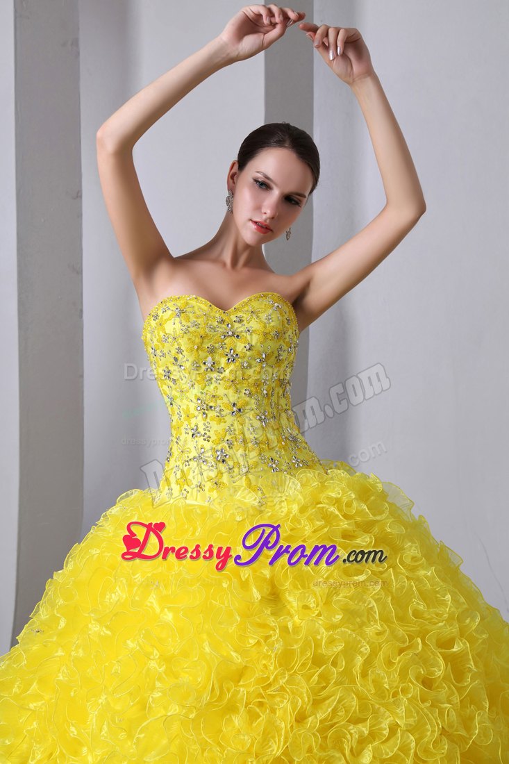 Sweetheart Brush Train Beading and Ruffles Quinceanea Dress in Yellow