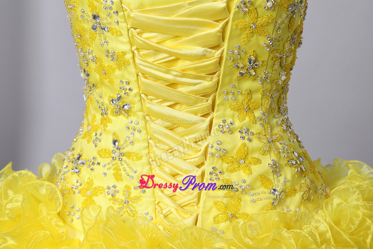 Sweetheart Brush Train Beading and Ruffles Quinceanea Dress in Yellow