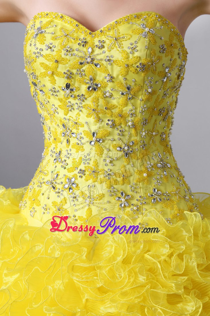 Sweetheart Brush Train Beading and Ruffles Quinceanea Dress in Yellow