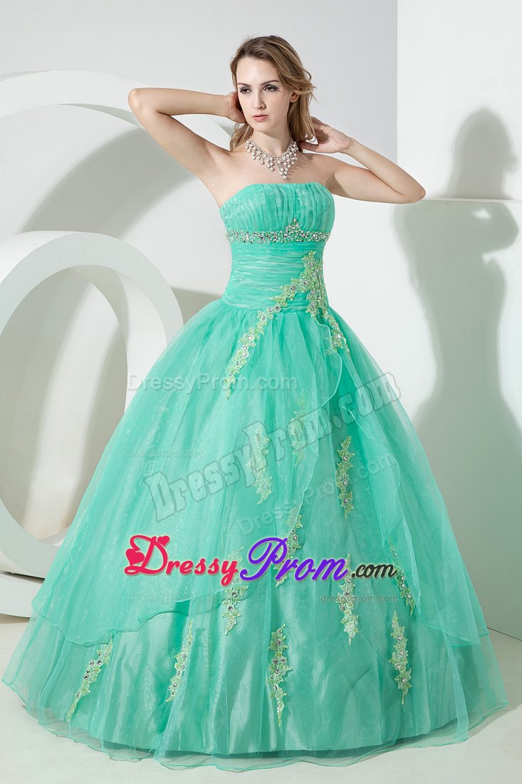 Strapless Turquoise Dress For Quinceanera with Beading and Embroidery