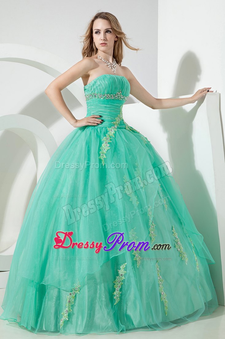 Strapless Turquoise Dress For Quinceanera with Beading and Embroidery