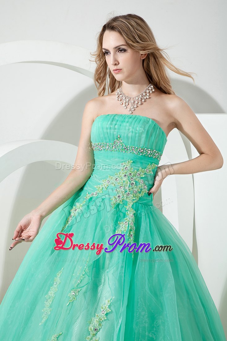 Strapless Turquoise Dress For Quinceanera with Beading and Embroidery