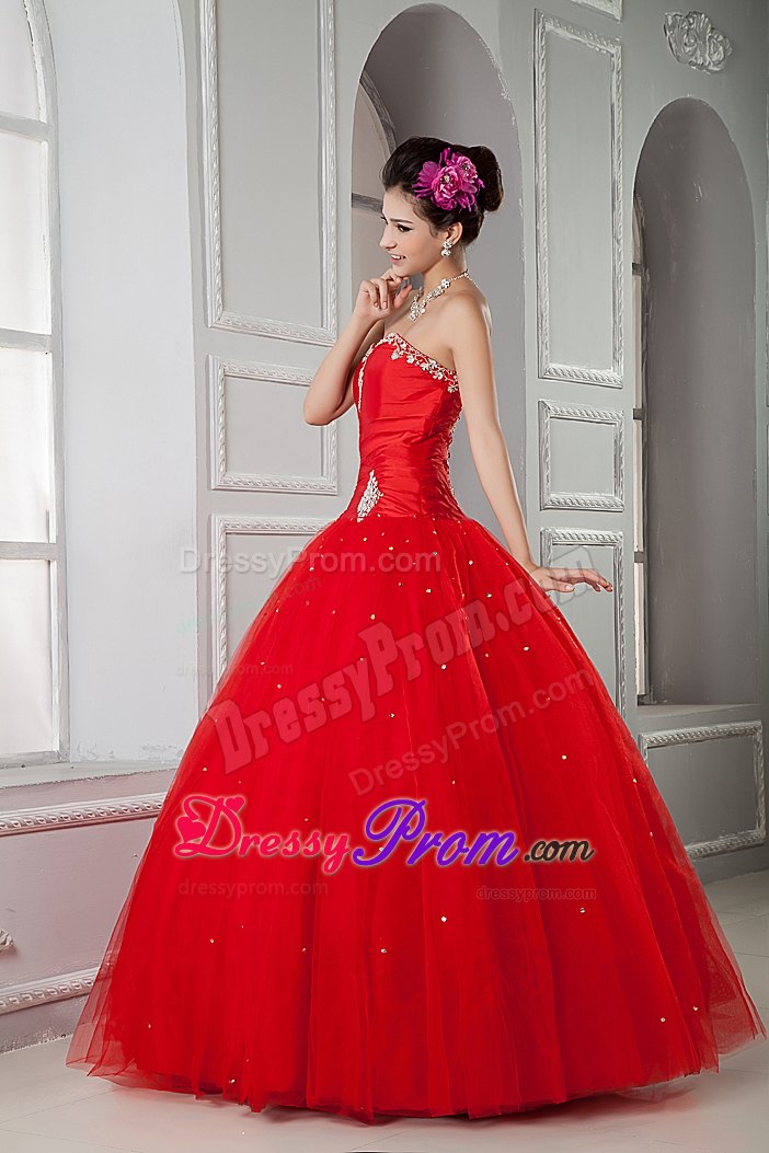Red Sweetheart Floor-length Tulle Beading Dresses For Quinceaneras