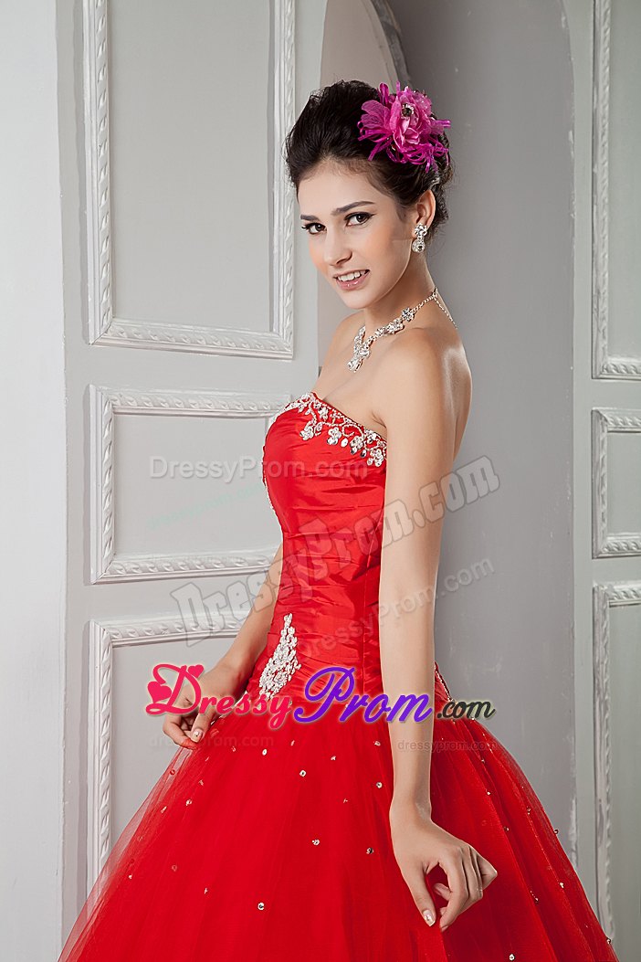 Red Sweetheart Floor-length Tulle Beading Dresses For Quinceaneras