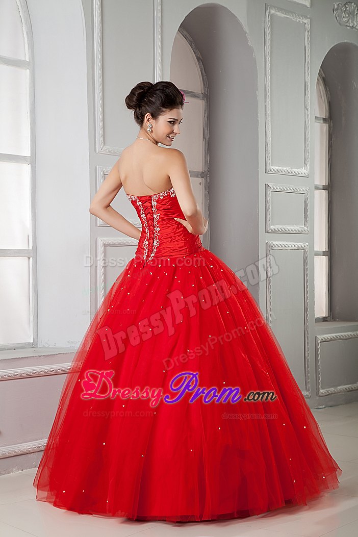 Red Sweetheart Floor-length Tulle Beading Dresses For Quinceaneras