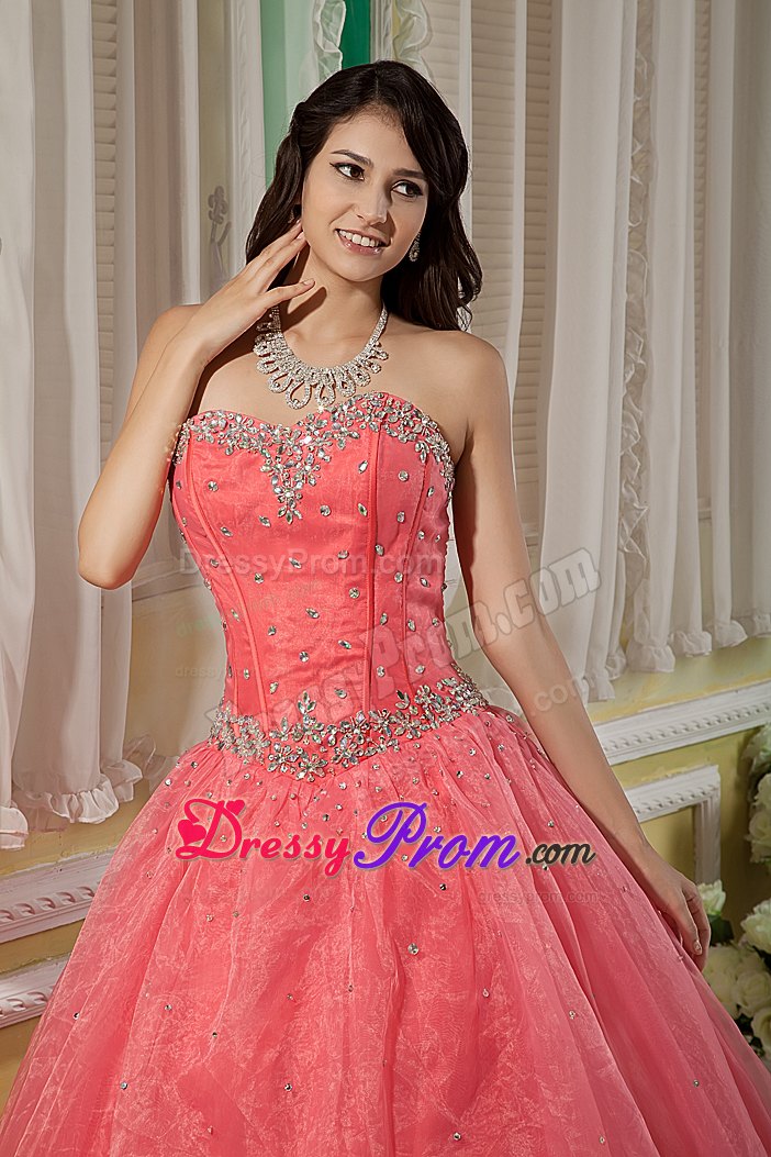 Sweetheart Watermelon Floor-length Organza Beading Quinceanera Dress