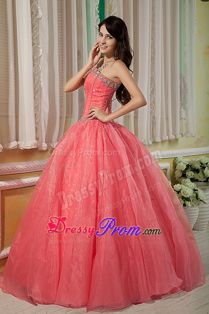 Sweetheart Watermelon Floor-length Organza Beading Quinceanera Dress