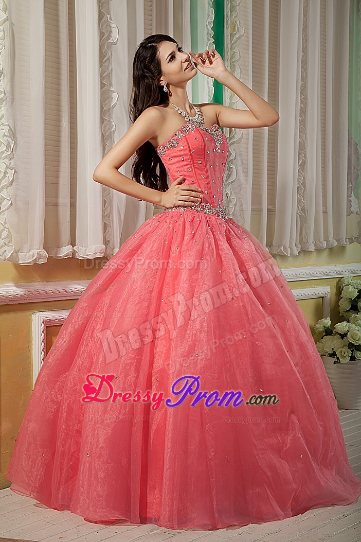 Sweetheart Watermelon Floor-length Organza Beading Quinceanera Dress