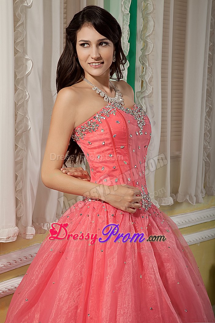 Sweetheart Watermelon Floor-length Organza Beading Quinceanera Dress