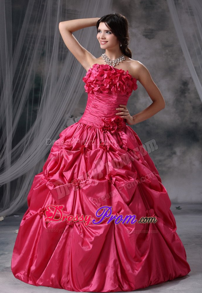 Ruching Coral Red Strapless Hand Flowers and Pick-ups Quinceanera Dress
