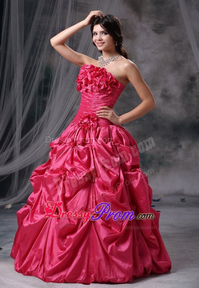 Ruching Coral Red Strapless Hand Flowers and Pick-ups Quinceanera Dress