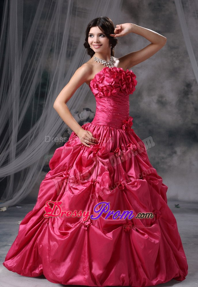 Ruching Coral Red Strapless Hand Flowers and Pick-ups Quinceanera Dress
