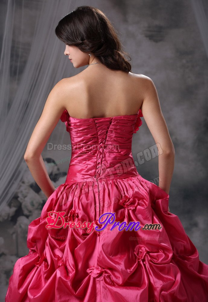 Ruching Coral Red Strapless Hand Flowers and Pick-ups Quinceanera Dress