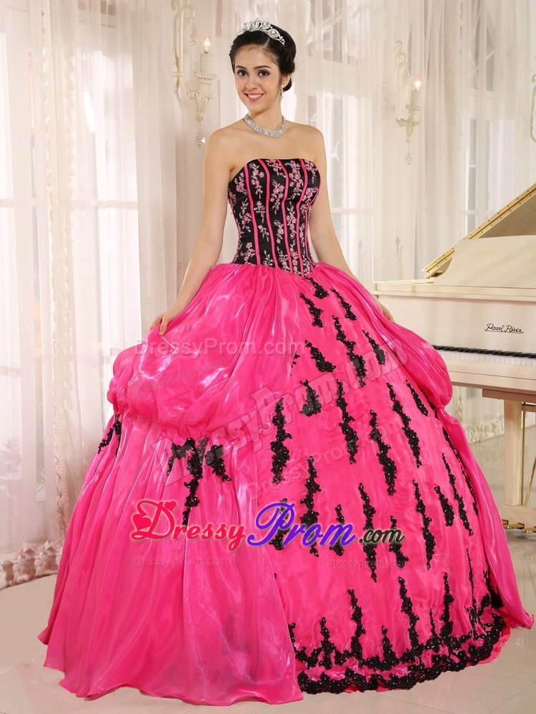 Hot Pink Strapless Organza Embroidery Pick-ups Dress For Quinceanera
