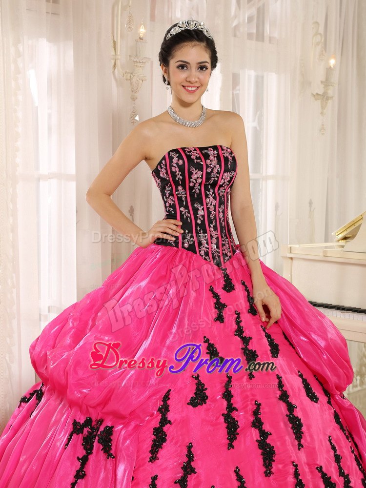 Hot Pink Strapless Organza Embroidery Pick-ups Dress For Quinceanera